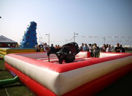 Şişme Rodeo Kiralama sisme rodeo kiralama 11 İzmir Organizasyon Şişme rodeo kiralama, özel eksen mekanizmalı platform üzerinde bulunan boğa figürlü bir oyundur. Uzaktan kumandalı bir mekanizmayla boğa kontrol edilir. Sağa sola, öne ve arkaya olmak üzere 4 hareket mevcuttur. Oyunun amacı, boğanın üzerinde en uzun süre düşmeden kalabilmektir. En uzun süre sağlam bir şekilde boğa üzerinde durmayı başarabilen oyuncu, oyunu kazanır. Rodeo oyunu, maksimum güvenlikli bir sistemle üretilmiştir. Oyun mekanizmasının etrafı şişme parkurla çevrilidir. Bu sayede oyuncuların güvenliği göz önüne alınmış olur, yumuşak bir zemine düşmeleri sağlanır. Rodeo oyununu, doğum günü partileri, okul ve belediye şenlikleri, piknik organizasyonları gibi eğlenceli aktivitelerde kullanabilirsiniz. Konuklarınıza ve davetlilerinize eğlenceli ve keyifli dakikalar yaşatabilirsiniz. İzmir Organizasyon istediğiniz günde ve saatte şişme oyuncak kiralama hizmeti vermektedir. Ofisimizin hemen yanında bulunan depomuzda şişme oyuncaklar temin edilmekte ve belirlediğiniz günde alana ulaştırılarak kurulumu tamamlanmaktadır. Şişme rodeo kiralama ve şişme oyun parkurları hizmetimiz ile ilgili detaylı bilgi almak için sismeoyuncak.com adresimizi ziyaret edebilirsiniz. Yetişkin Şişme Oyuncakları Kiralama İzmir