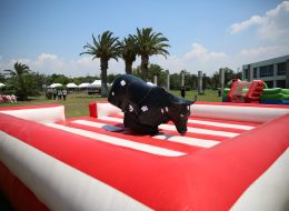 Şişme Rodeo Kiralama sisme rodeo kiralama 6 İzmir Organizasyon Şişme rodeo kiralama, özel eksen mekanizmalı platform üzerinde bulunan boğa figürlü bir oyundur. Uzaktan kumandalı bir mekanizmayla boğa kontrol edilir. Sağa sola, öne ve arkaya olmak üzere 4 hareket mevcuttur. Oyunun amacı, boğanın üzerinde en uzun süre düşmeden kalabilmektir. En uzun süre sağlam bir şekilde boğa üzerinde durmayı başarabilen oyuncu, oyunu kazanır. Rodeo oyunu, maksimum güvenlikli bir sistemle üretilmiştir. Oyun mekanizmasının etrafı şişme parkurla çevrilidir. Bu sayede oyuncuların güvenliği göz önüne alınmış olur, yumuşak bir zemine düşmeleri sağlanır. Rodeo oyununu, doğum günü partileri, okul ve belediye şenlikleri, piknik organizasyonları gibi eğlenceli aktivitelerde kullanabilirsiniz. Konuklarınıza ve davetlilerinize eğlenceli ve keyifli dakikalar yaşatabilirsiniz. İzmir Organizasyon istediğiniz günde ve saatte şişme oyuncak kiralama hizmeti vermektedir. Ofisimizin hemen yanında bulunan depomuzda şişme oyuncaklar temin edilmekte ve belirlediğiniz günde alana ulaştırılarak kurulumu tamamlanmaktadır. Şişme rodeo kiralama ve şişme oyun parkurları hizmetimiz ile ilgili detaylı bilgi almak için sismeoyuncak.com adresimizi ziyaret edebilirsiniz. Rodeo Kiralama ve Şişme Yetişkin Parkurları İzmir